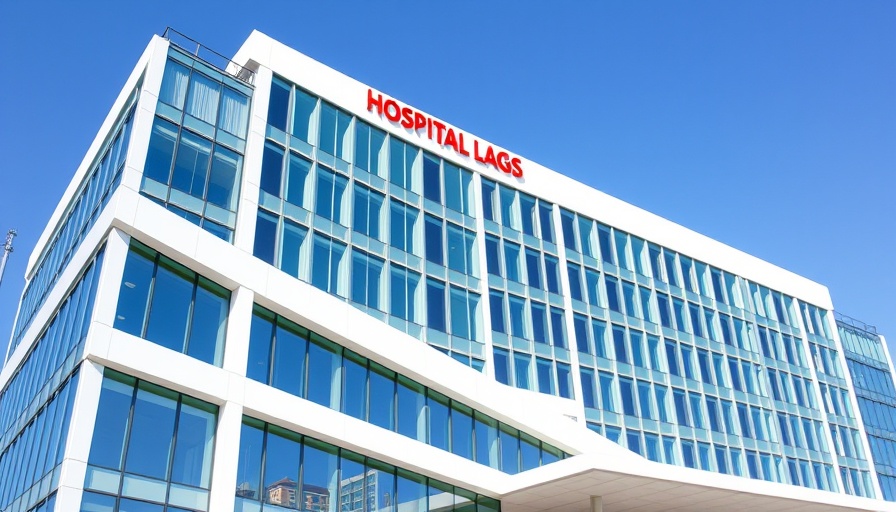 Modern hospital building showcasing smart technology, clear sky.