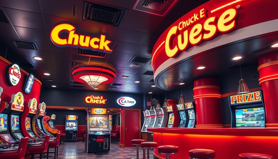 Vibrant Chuck E. Cheese arcade interior with games and prizes, Chuck's Arcade for Adults.