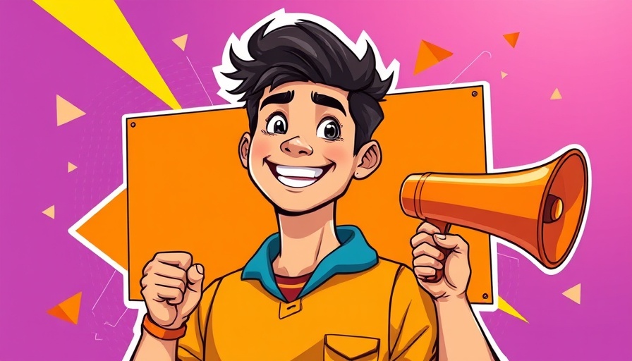 Colorful billboard advertising concept with young man and megaphone.