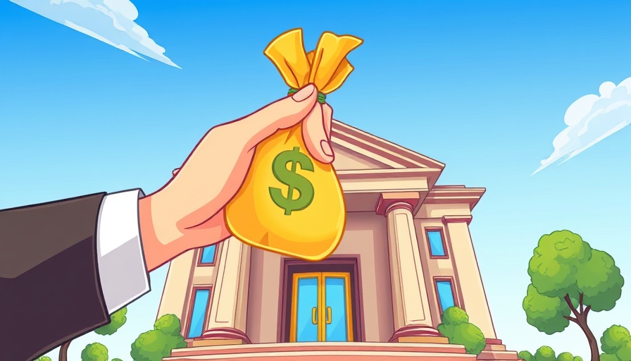 Cartoon of banking hand offering money to businessperson.