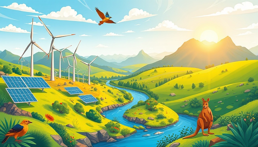 Illustration of NSW landscape for 2025 NSW Sustainability Awards, featuring wind turbines and native wildlife.