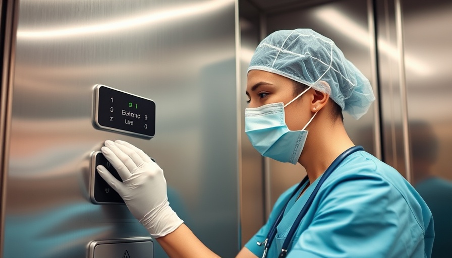 Healthcare worker cleaning hospital elevator, emphasizing sustainable healthcare systems.