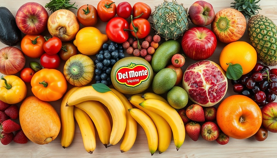 Assorted fresh Del Monte fruits on wooden background.