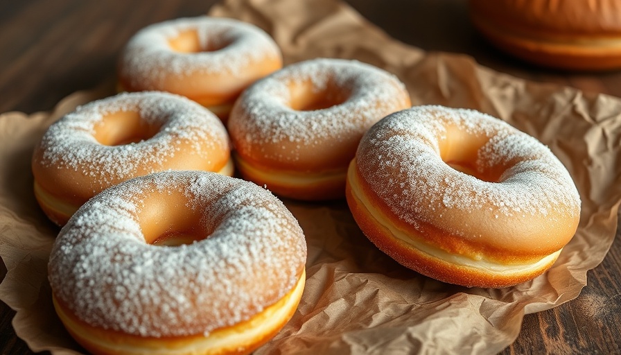 Freshly baked sugar-coated donuts, carbohydrate-rich.