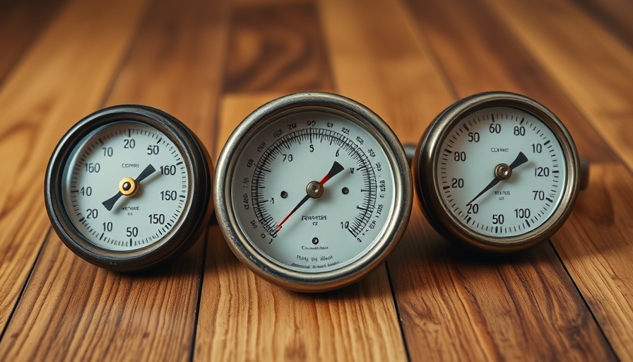 Three vintage thermometers on wood floor, close-up