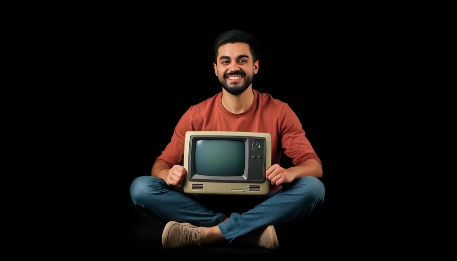 Energetic man holding vintage computer, studio portrait on black background.