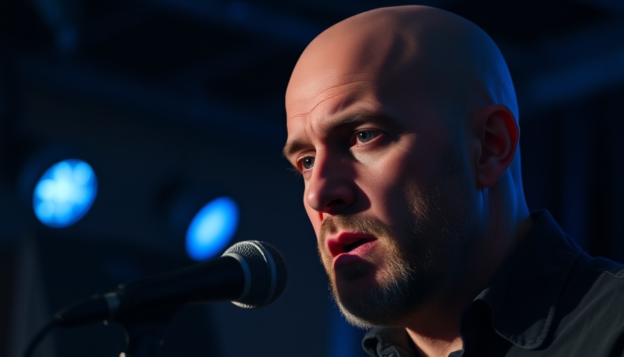 Bald man discussing nutrition, focused expression in dimly lit studio.