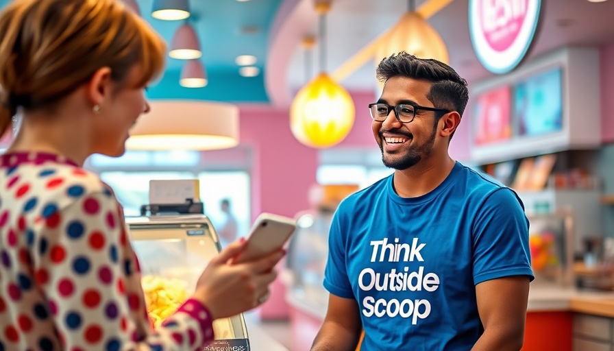 Cheerful staff and customer in vibrant dessert shop