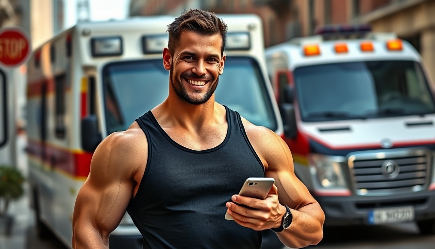 Muscular man confidently smiling on urban street, how he got jacked.