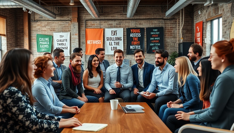 Office team meeting discussing leadership strategies in an industrial-style space.