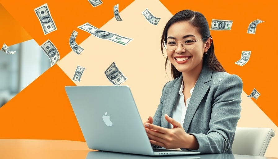 Smiling businesswoman using laptop with dollar bills, vibrant abstract background.
