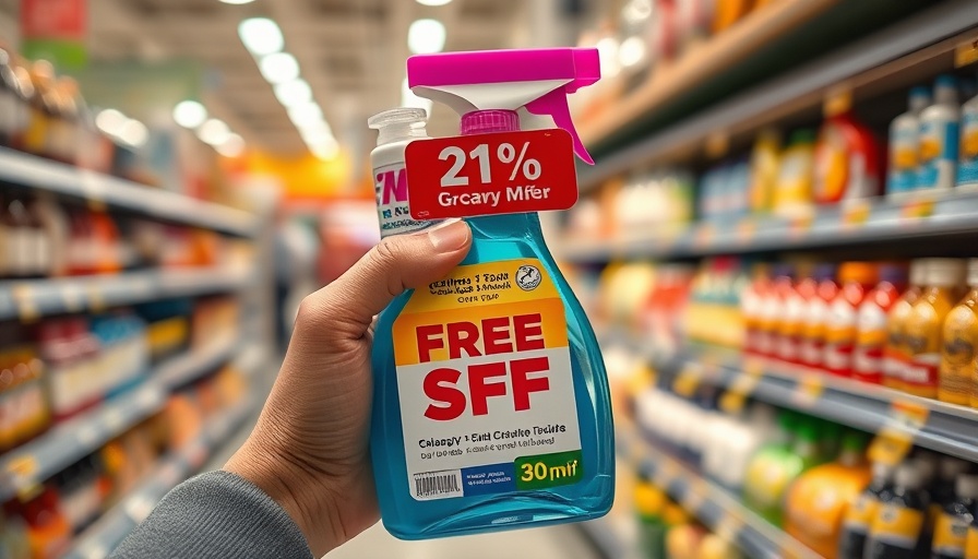 Close-up of person holding cleaner bottles with promo offer, highlighting convenience in marketing.