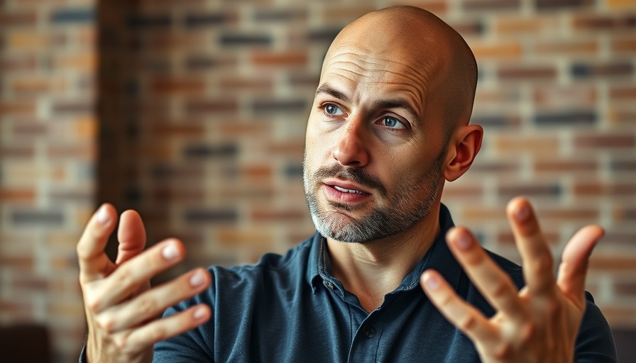 Bald man gesturing indoors, discussing real reason you're unhappy.