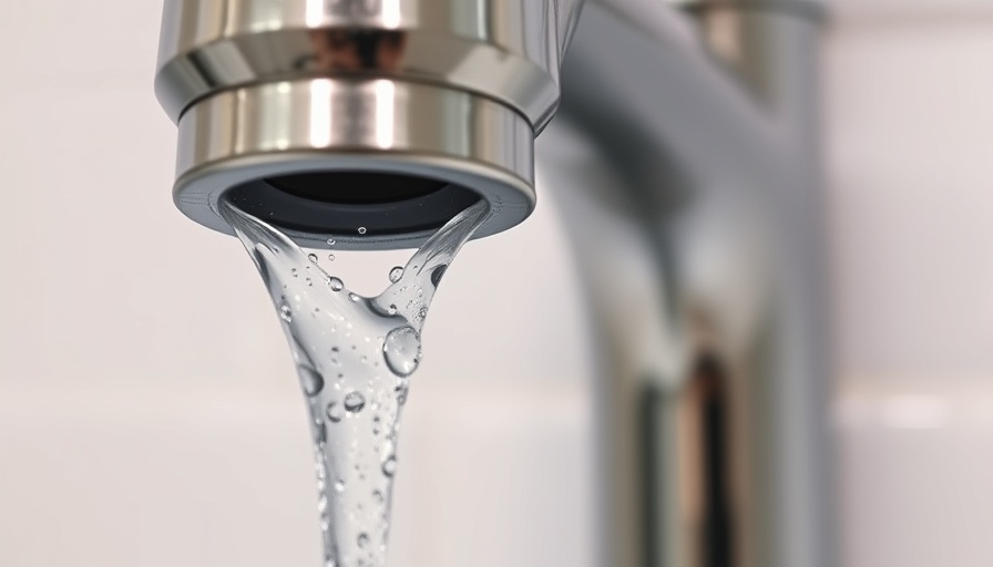 Stainless steel faucet dripping water in tiled bathroom, PFAS in Kynar PVDF roof coatings.