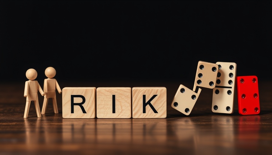 Wooden figures and blocks spelling 'risk' with falling dominoes.