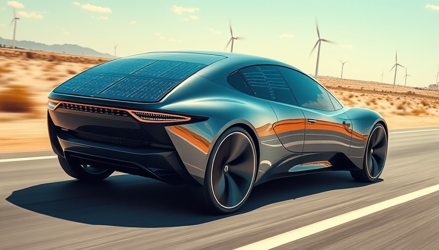 Futuristic solar-powered car on road with wind turbines, eco-friendly innovation.