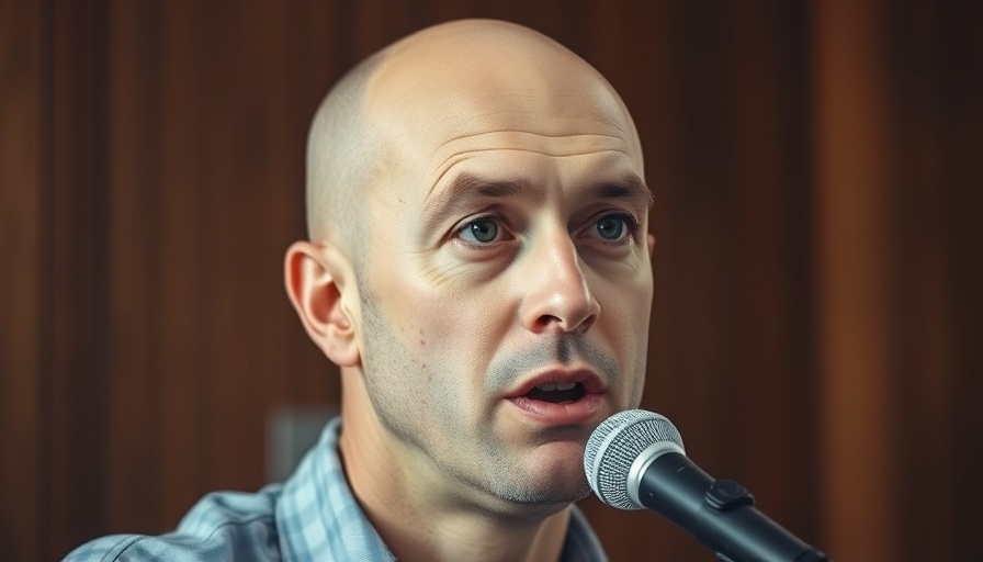 Bald man speaking with microphone, indoor wood panel background.