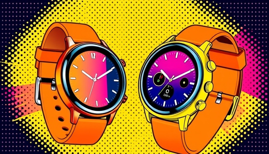 Pop art style budget smartwatches with colorful displays.