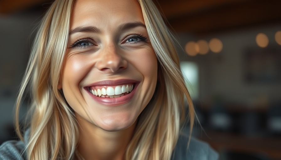 Joyful woman with blonde hair smiling warmly indoors.