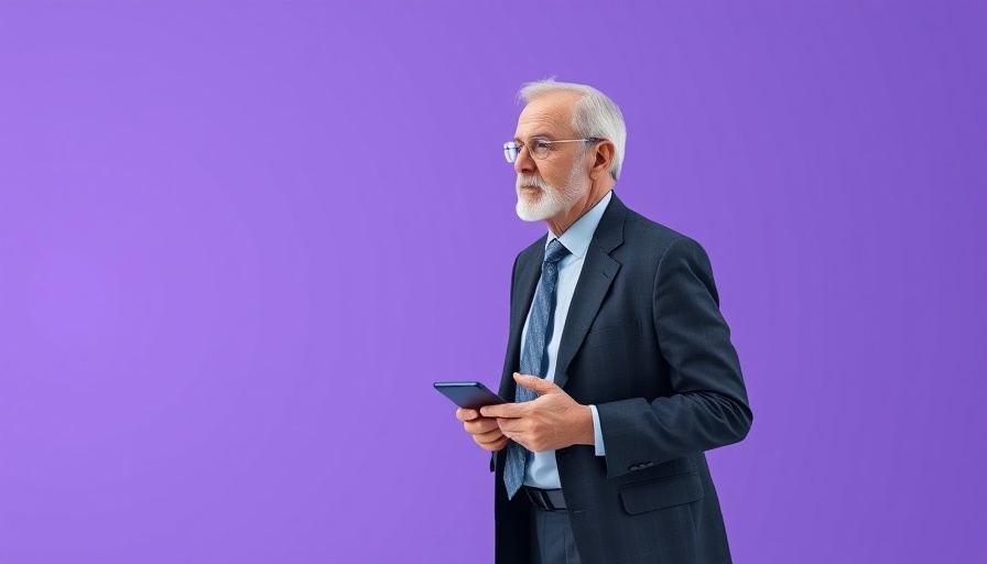 Intel layoffs impact: thoughtful man in suit with phone, purple background.