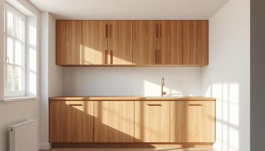 Minimalist wooden kitchen with natural sunlight, serene ambiance.