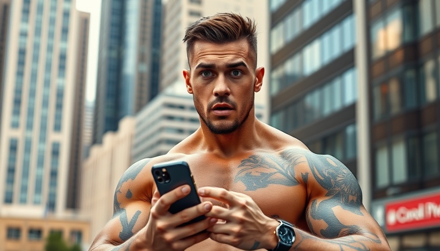 Muscular tattooed man with surprised look in urban cityscape.