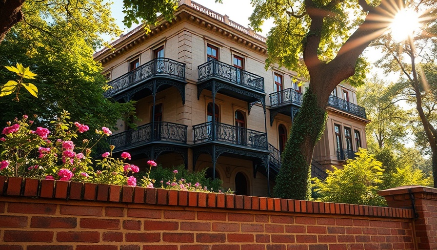 Historic Duff Green Mansion with ironwork balconies in sunlight.