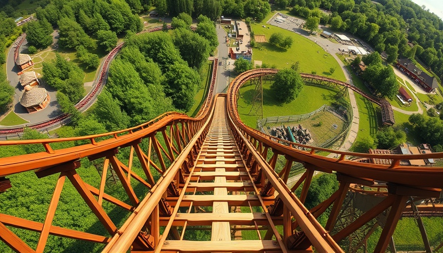First-person view of steep wooden roller coaster descent, sunny day.