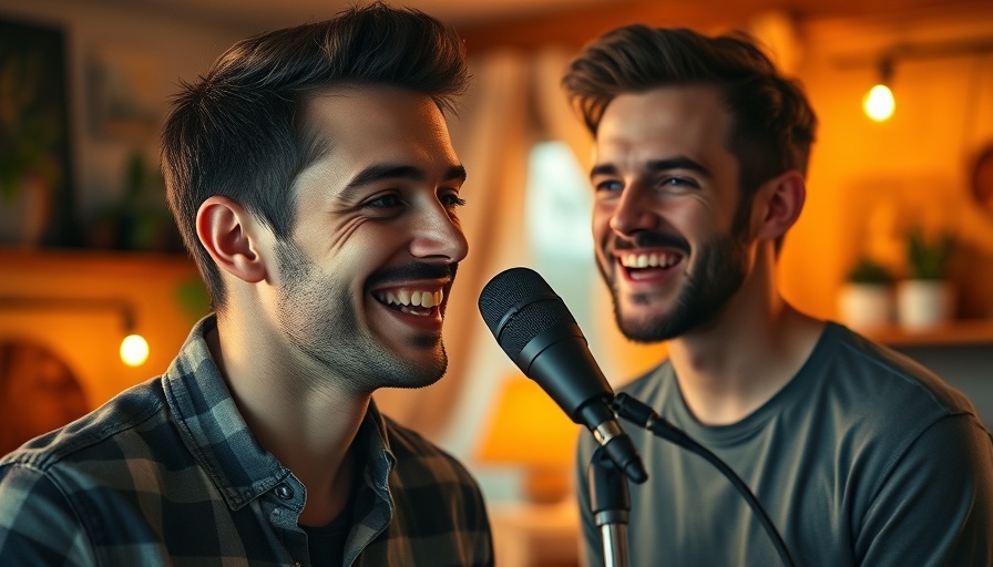Smiling man speaking into microphone in warm-lit home setting.