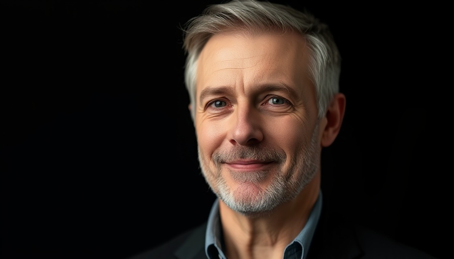 Confident middle-aged man in cinematic portrait with soft lighting.