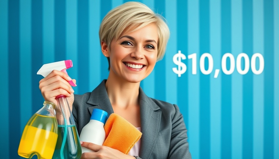 Confident businesswoman holding cleaning supplies, showcasing success strategies.