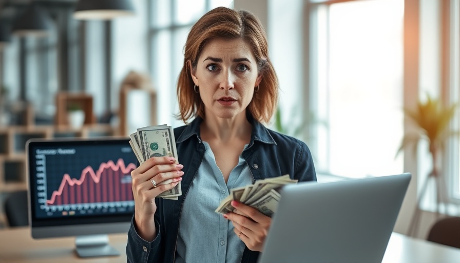 Surprised woman with cash next to declining revenue graph, illustrating cleaning business pricing strategies.