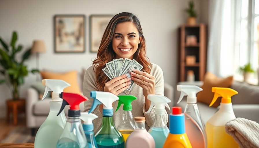 Quick cash in cleaning businesses, woman with supplies and cash.