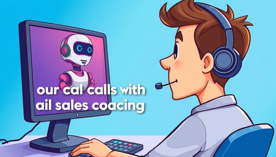 AI Sales Coaching illustration with person and robot avatar on screen.
