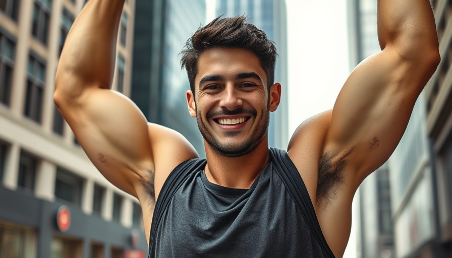 Confident man in city preparing for pull-up challenge.