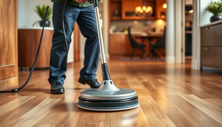 Professional hardwood floor cleaning in modern home with equipment.