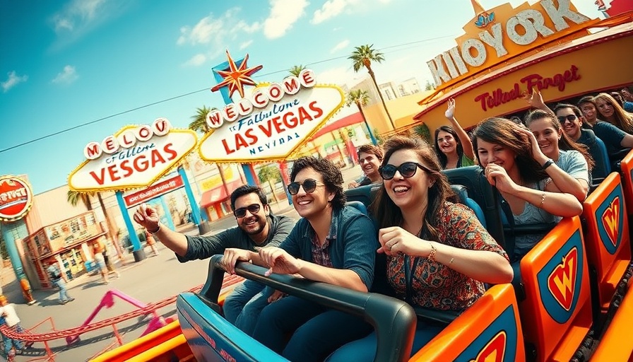 Exciting roller coaster in Las Vegas Adventuredome with vibrant cityscape.