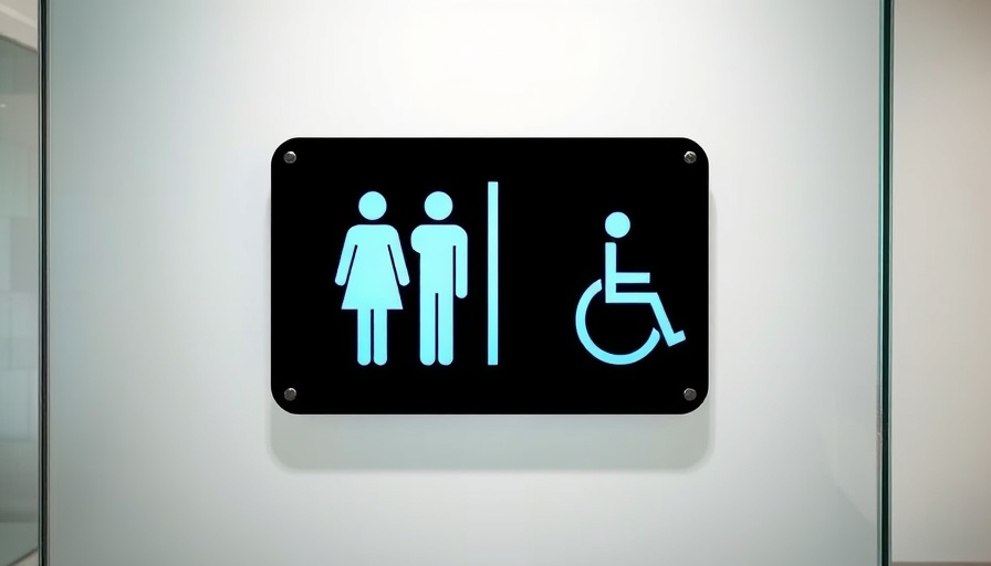 Restroom cleanliness expectations sign on glass wall.