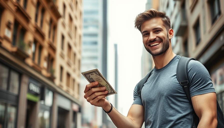Casual athletic man holding a bill for a community fitness challenge outdoors.