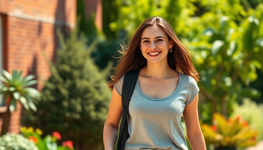 Confident woman walking outdoors, lush garden, Unlocking Business Potential.