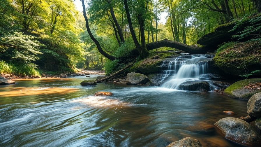 Best places to visit in the Smoky Mountains during summer: Serene forest river with waterfall.