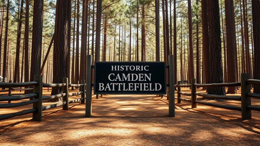 Battle of Camden significance: Historic Camden Battlefield entrance sign amongst pine trees.