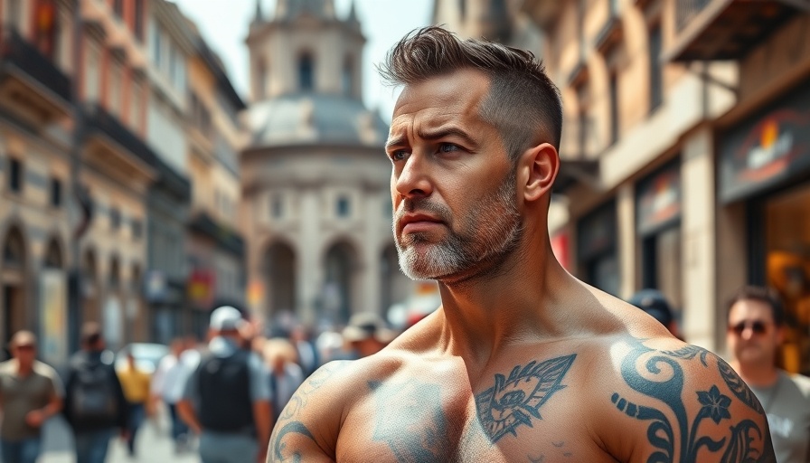 Muscular 50-year-old pondering in city street, fitness focus.