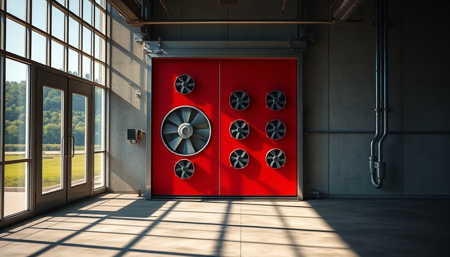 Commercial blower door testing setup with shadows in a large room.