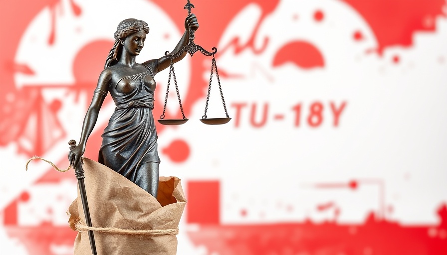 Statue of Lady Justice in artistic packaging with red background.