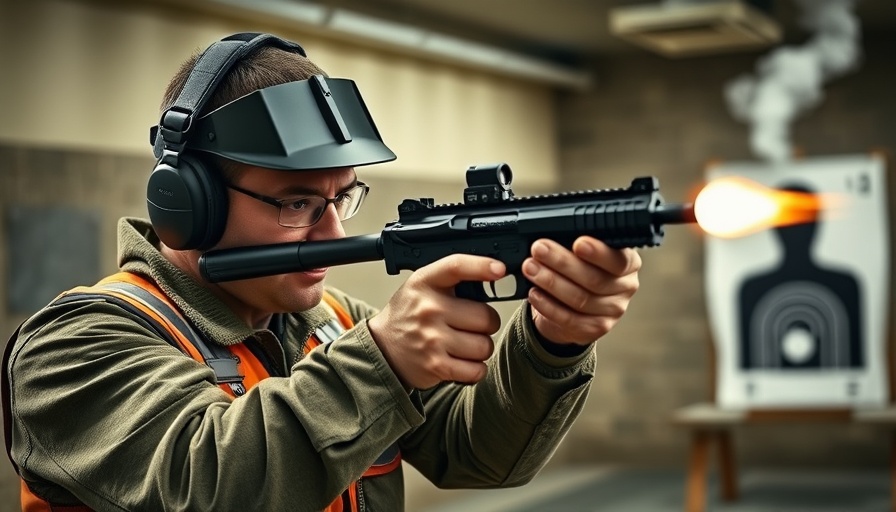 Adult man practicing firearm aim at shooting range, highlighting importance of firearms training.