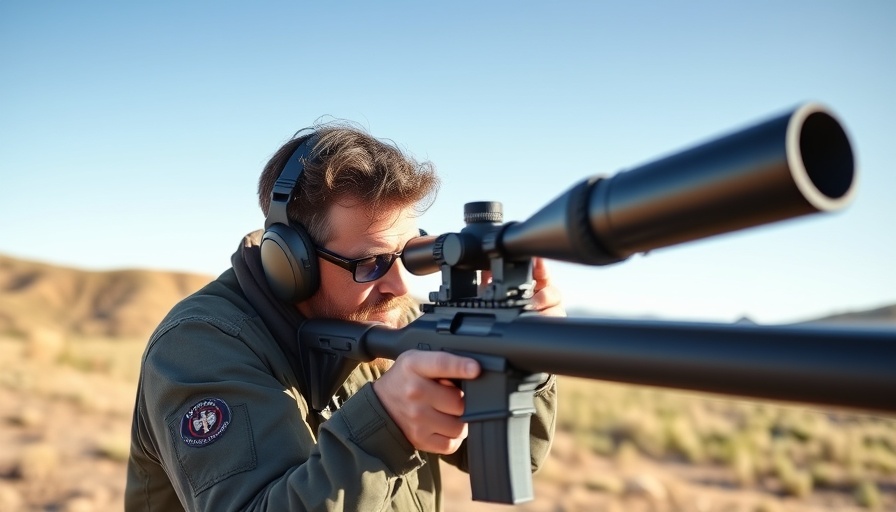 Marksman in prone position rifle shooting, outdoor range.