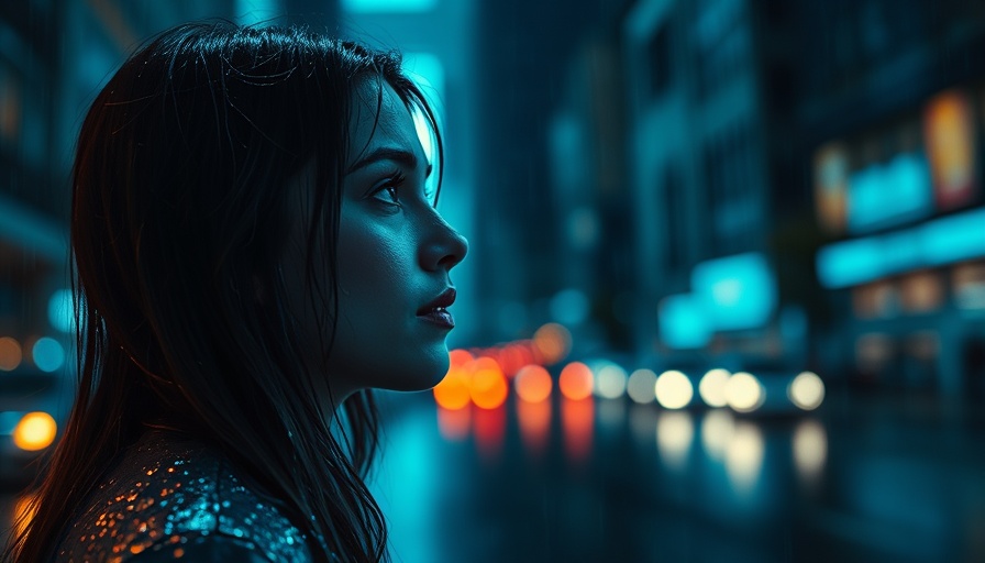 Rain-soaked woman mastering emotional control at night in the city.