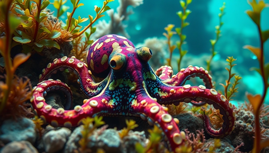 Underwater scene with octopus amid seaweed, octopus bloom investigation