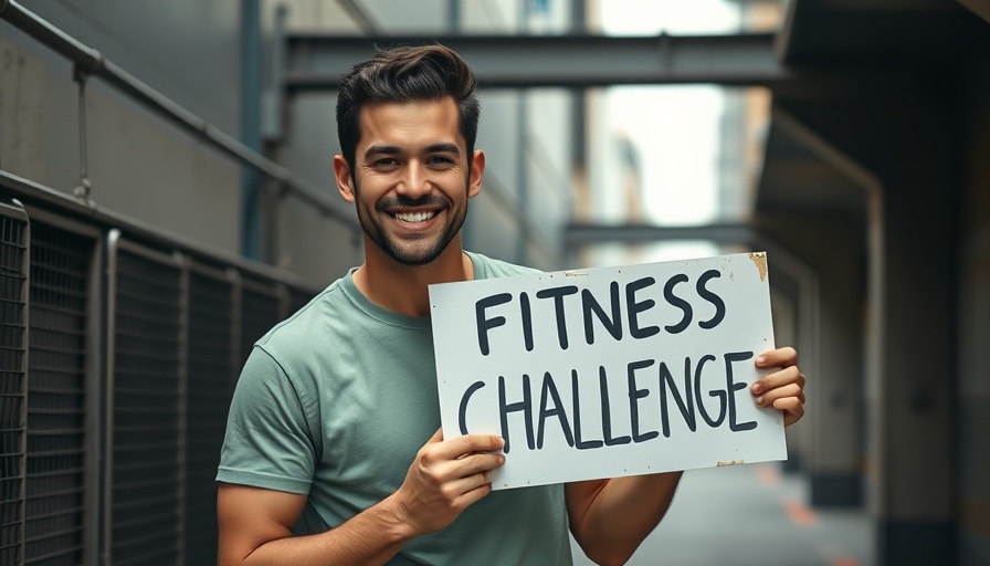 Young man in fitness challenge, playful expression, urban setting.